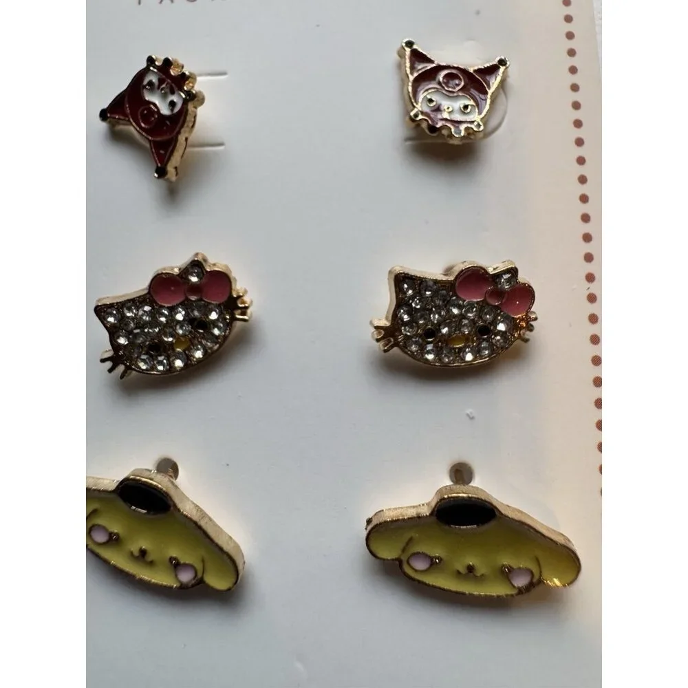 HELLO KITTY Karomi 6 PC Set Gold-Tone Rhinestone Stud Earrings Colorful NEW